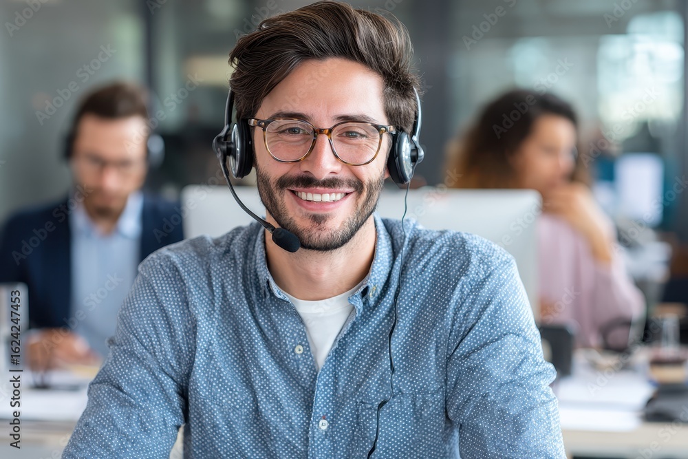 Poster happy call center agent wearing headset interacts with clients in a modern office environment while 