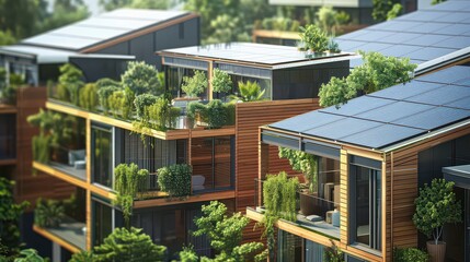 Aerial view of modern sustainable buildings with solar panels and green roofs surrounded by trees