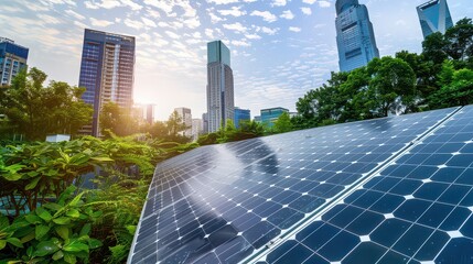 Solar panels in urban setting with skyscrapers and green vegetation under a cloudy blue sky