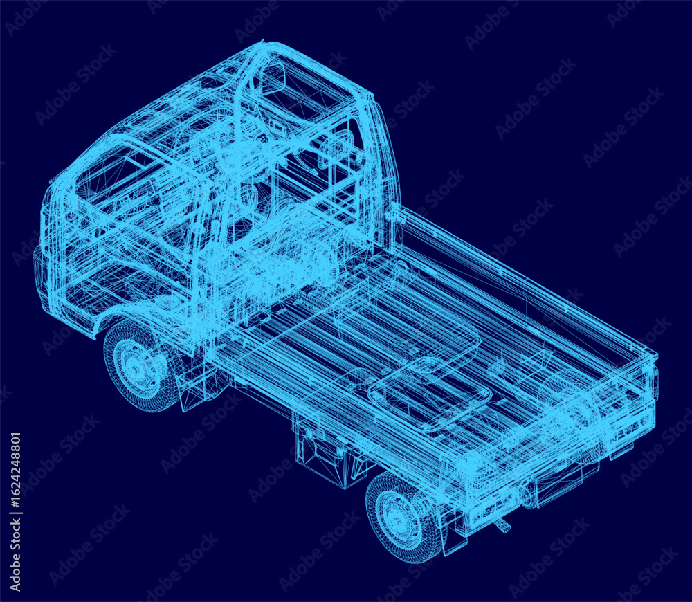 Aufkleber a 3d wireframe model of a cargo truck displays detailed blueprint lines on a solid blue background. 