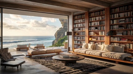 Fototapeta premium Cozy library interior with bookshelves overlooking ocean view