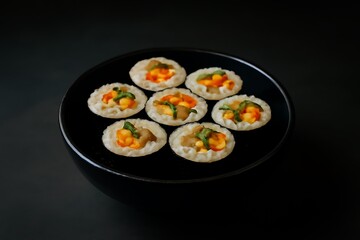 Kimbap Rolls in Black Bowl on Dark Background