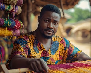 Ashanti Man Weaving Vibrant Kente Cloth in Shaded Ghanaian Compound