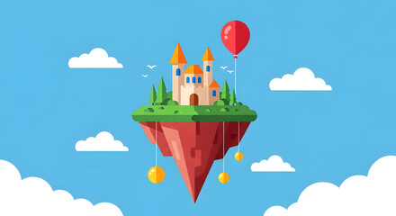Floating island with castle and red balloon in blue sky