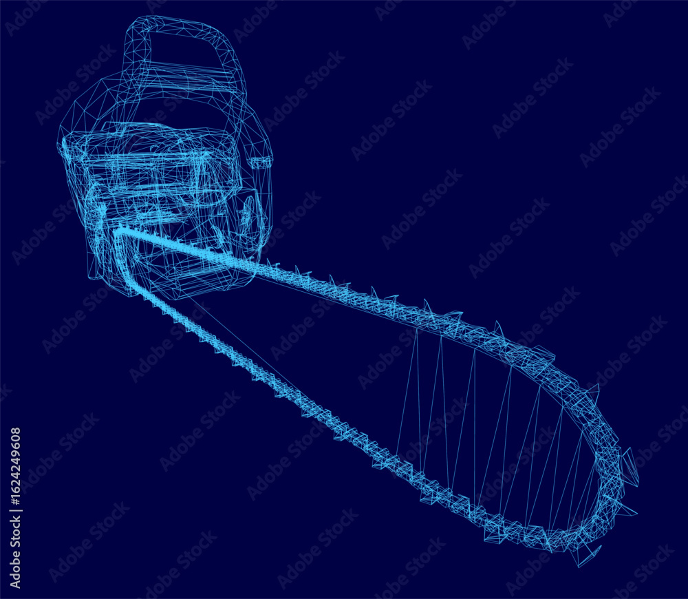 Poster a 3d wireframe chainsaw features intricate lines and shapes, creating a realistic digital model. the