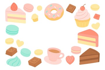 カラフルな洋菓子が並ぶふんわりとした可愛らしいスイーツの背景イラスト