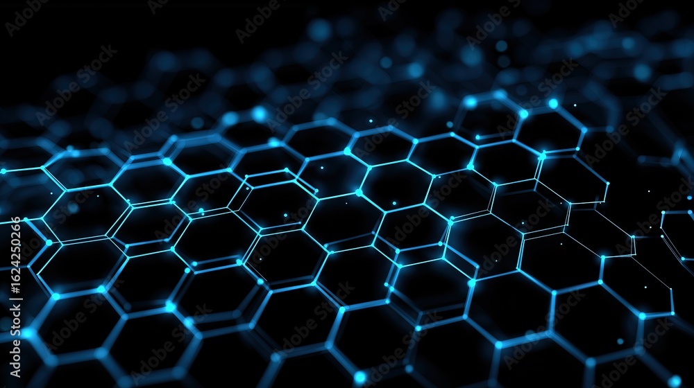 Poster futuristic hexagon pattern with blue gradient and light dots, digital wires enhancing tech and cyber