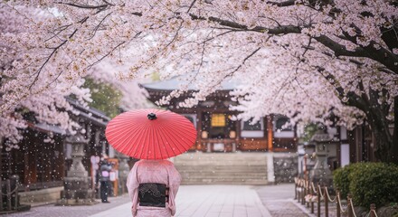 Woman in kimono with red umbrella under cherry blossoms near a traditional japanese building view from behind