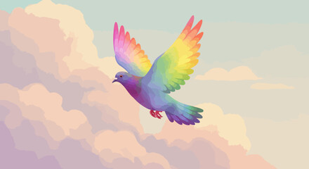 Naklejka premium A colorful pigeon with rainbow wings soars through a pastel sky filled with soft clouds.