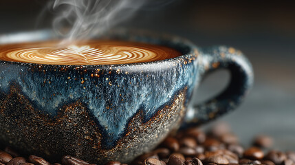 Surreal cup of coffee with swirling cosmic patterns inside, representing the hidden effects of daily ritual.