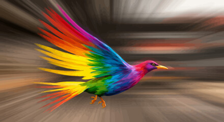 Obraz premium A vibrant, rainbow-colored bird in dynamic flight, its wings spread wide against a blurred background.
