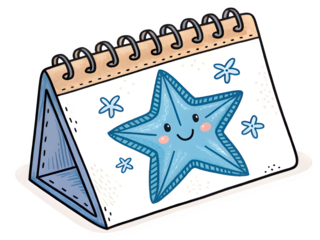 Cute blue star character on a spiral bound desk calendar with stars