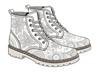 White combat boots with intricate floral line art pattern