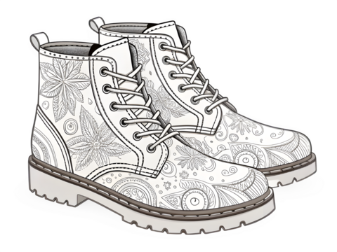 White combat boots with intricate floral line art pattern