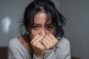 Young Asian woman expressing anxiety and unhappiness while covering her face with her hands in a simple indoor setting during the day