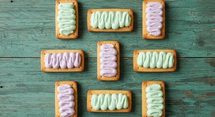Colorful Frosted Cookies with Swirls of Mint and Lavender on Rustic Wooden Background