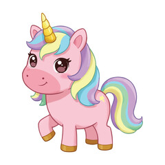 Naklejka premium Cute Pink Unicorn with Rainbow Mane and Golden Horn