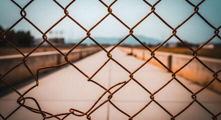 Fototapeta premium Rusty Chain Link Fence with Broken Section Overlooking Path