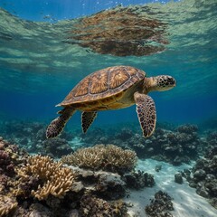 Obraz premium A turtle swimming in a coral reef