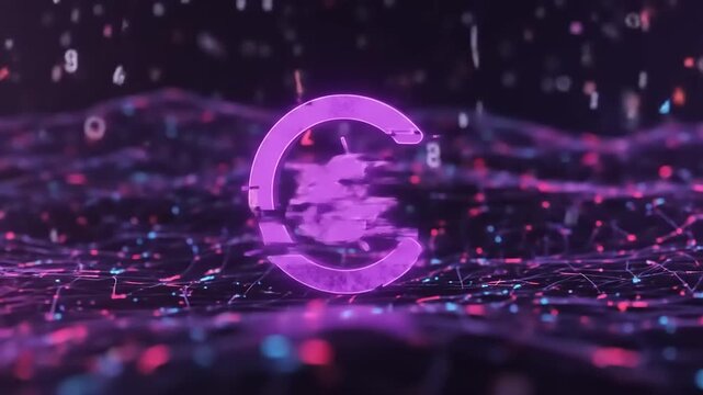 Abstract digital representation featuring a vibrant purple logo amidst a network of colorful data points