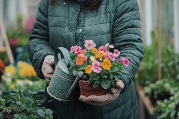 Senior woman holding a watering pot with flowers in her greenhouse, showcasing the nurturing aspect of gardening and promoting a sustainable lifestyle, Generative AI