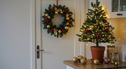 Cozy Holiday Atmosphere with Christmas Tree, Wreath, and Festive Decorations in a Modern Kitchen Setting