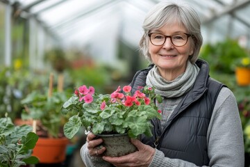 Senior woman holding a watering pot with flowers in her greenhouse, showcasing the nurturing aspect of gardening and promoting a sustainable lifestyle, Generative AI