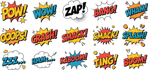 Comic book sound effects, colorful cartoon speech bubbles, POW WOW ZAP BANG WHAM crash smack splash kaboom comic text explosion © Titan