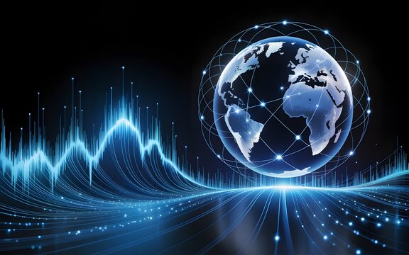 Digital earth with futuristic sound wave and network connections