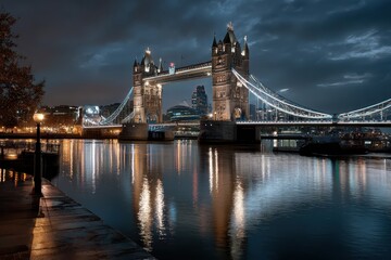 Obraz premium Illuminated Tower Bridge at night showcasing the vibrant lights reflecting on the River Thames in London, capturing the architectural beauty and serenity of the iconic landmark