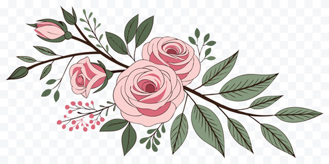 Elegant Pink Roses and Green Leaves Bouquet Illustration for Weddings and Special Occasions Stationery Design