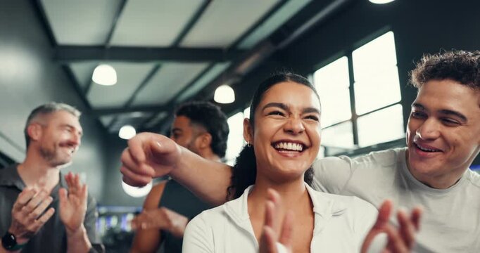 Applause, celebration and fitness with people in gym for challenge goals, workout achievement and team. Success, winner and exercise with group of friends in sports club for training and support