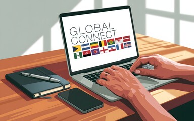 Person using laptop with global connect and flags on screen