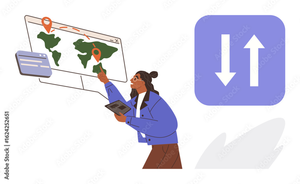 Poster woman using tablet and screen showing world map with location pins and interface panels. ideal for t