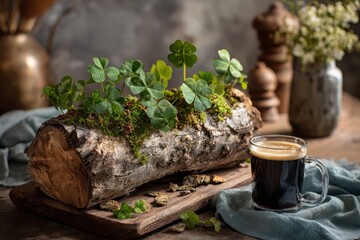 Celebrate St Patricks Day with a wooden log centerpiece adorned with clover and complemented by a dark beverage on a rustic table setting