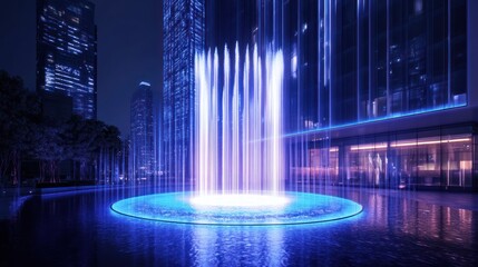 Futuristic urban water fountain illuminated with vibrant blue and purple light