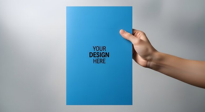 Hand holding a blank blue A4 paper mockup. A versatile template concept for showcasing your flyer, poster, or brochure design.
