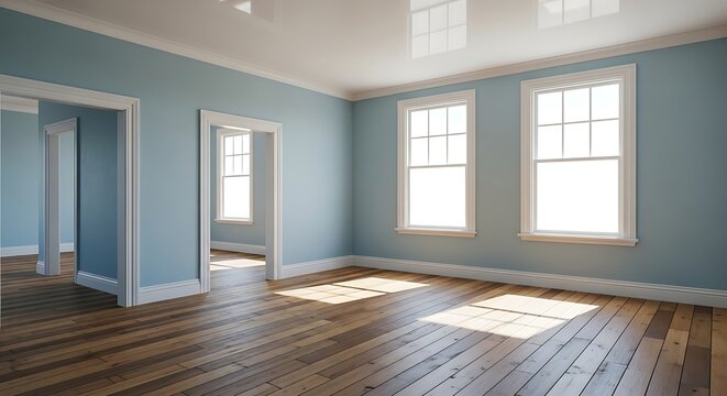 An empty room with light blue walls and a wooden floor is brightly lit by natural sunlight streaming through two tall, rectangular windows on the right side 