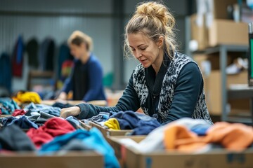 Volunteers sorting donated clothes at a community charity donation center, highlighting the spirit of generosity and social support through collective action, Generative AI