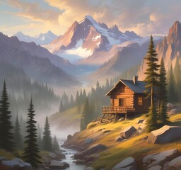 Small wooden cabin perched above valley, mountain backdrop, early morning mist keyword