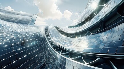 Futuristic architecture with curved reflective panels under a bright sky with clouds above it all