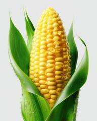 Obraz premium Close-Up of Fresh Corn Cob with Dew on Green Husk Against White Background
