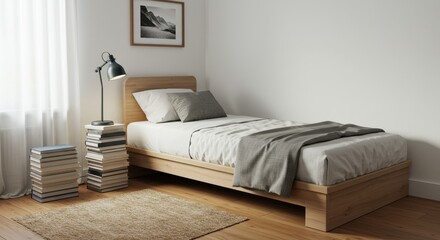 Cozy minimalist bedroom design with wooden bed, soft textiles, books, and natural light illuminating the serene atmosphere