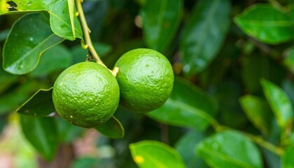 Vibrant green limes hanging from a leafy branch. Fresh citrus fruit ripening on the tree in a natural outdoor setting.