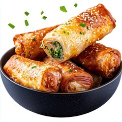 Golden Brown Spinach and Cheese Pastries in Dark Bowl