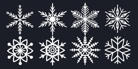 Collection of Unique Snowflake Designs on Dark Background Perfect for Winter Season and Christmas Celebrations