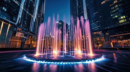 Illuminated fountain display set against an urban backdrop with architectural silhouettes
