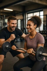 Happy personal trainer encouraging female athlete lifting weights during strength training workout in modern gym