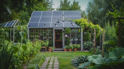 A greenhouse with solar panels on the roof surrounded by lush greenery and a stone pathway leading up