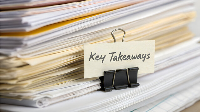 Organized business documents with 'Key Takeaways' note clipped to a stack for efficient review and analysis